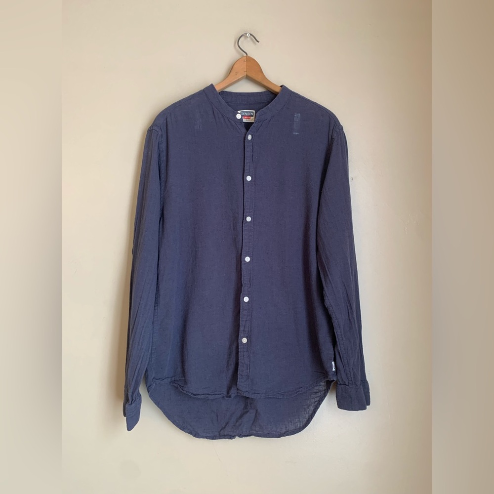 Vtg Denizen Levis Band Collar Linen Blend Shirt Size L Mandarin Blue Button